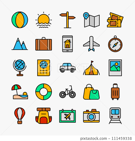 Travel vacation vector icon set. Tourism, holiday, trip collection symbol. Vector illustration Travel vacation vector icon set. Tourism, holiday, trip collection symbol. Vector illustration 111459338