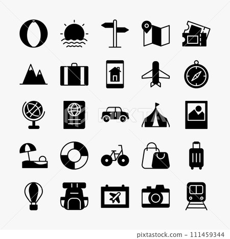 Travel vacation vector icon set. Tourism, holiday, trip collection symbol. Vector illustration 111459344