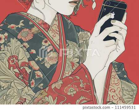 江戶時代的女性操作智慧型手機 江戶時代的女性操作智慧型手機 111459531