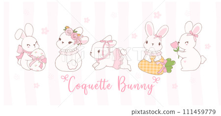 Cute Coquette bunnies with bow Cartoon banner, sweet Retro Happy Easter spring animal. Cute Coquette bunnies with bow Cartoon banner, sweet Retro Happy Easter spring animal. 111459779