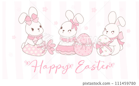 Cute Coquette Easter bunnies wear bow Cartoon banner, sweet Retro Happy Easter spring animal. 111459780