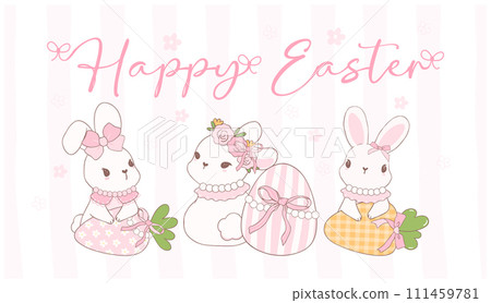 Cute Coquette Easter bunnies wear bow with carrot and Easter eggs Cartoon banner, sweet Retro Happy Easter spring animal. 111459781