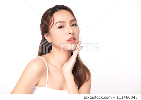 Beautiful young asian woman with clean fresh skin on white background, Face care, Facial treatment, Cosmetology, beauty and spa, Asian women portrait. Beautiful young asian woman with clean fresh skin on white background, Face care, Facial treatment, Cosmetology, beauty and spa, Asian women portrait. 111460045