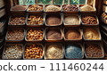 Variety of Grains and Legumes in Wooden Bins, AI Generate 111460244