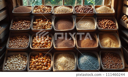 Variety of Grains and Legumes in Wooden Bins, AI Generate 111460244