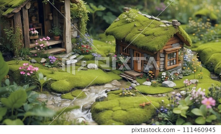 A dwarf house surrounded by flowers A dwarf house surrounded by flowers 111460945