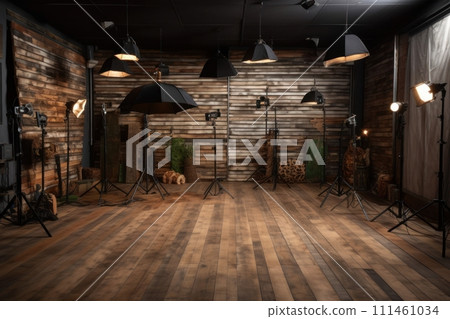 A photo studio with wooden floors and lighting 111461034