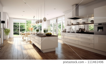 A large kitchen with a center island in the middle of the room 111461496