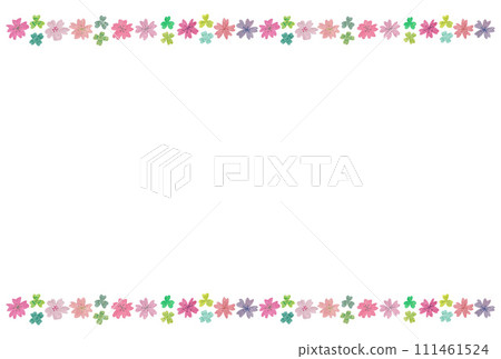 用透明水彩繪製的水平小櫻花和三葉草的迷你插圖。 111461524