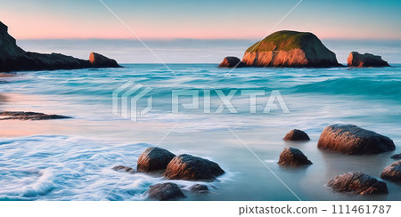 AI-generated content. A breathtaking seascape with stones. Panorama. Generative AI. 111461787