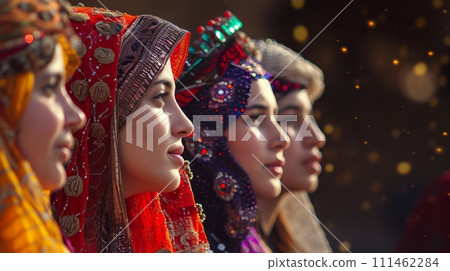 Four immigrant women wear hijab vibrant colors and intricate designs. 111462284