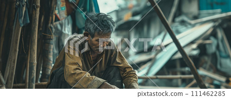 war immigrant man constructing a makeshift shelter using salvaged materials 111462285