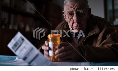 Aging Society old man sad face holding a bottle of pills with health concerns 111462369