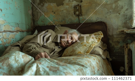 Aging Society old man sleeping on bed in old nursing home waiting for final days. 111462371