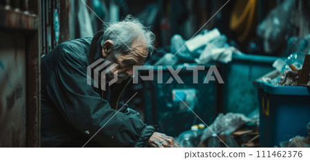 Aging Society homeless old man searching trash bin for food in slums. 111462376