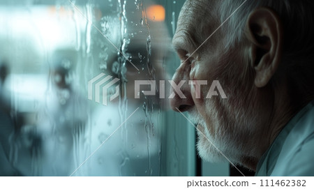 Aging Society old man looking out of window on a rainy day with raindrops and lighting 111462382