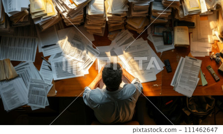 man do tax paperwork with stacks of documents calculating personal income tax 111462647