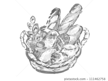 Hand-drawn illustration of various breads in a basket Hand-drawn illustration of various breads in a basket 111462758