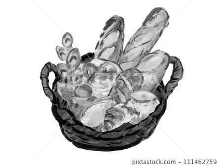 Hand-drawn illustration of various breads in a basket Hand-drawn illustration of various breads in a basket 111462759