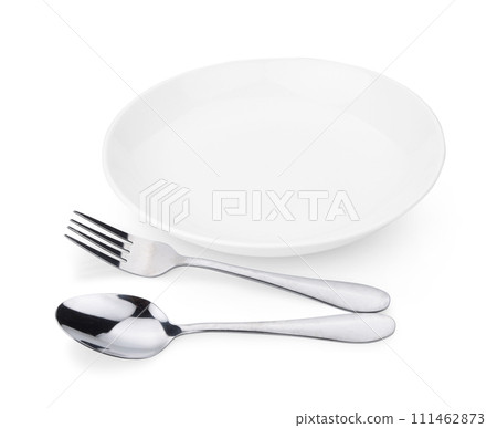 Spoon fork and plate is isolated on white background 111462873