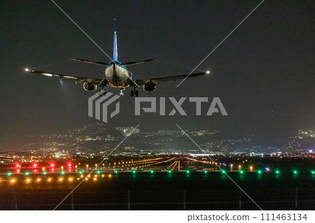 [Osaka Prefecture_Osaka International Airport] Airport at night Aircraft landing 111463134