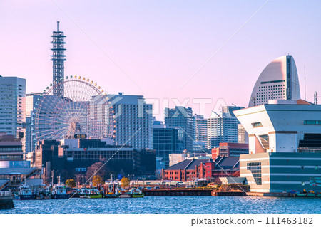 Japan's Yokohama cityscape View of the Red Brick Warehouse and Minato Mirai buildings from Yamashita Park = February 8th 111463182