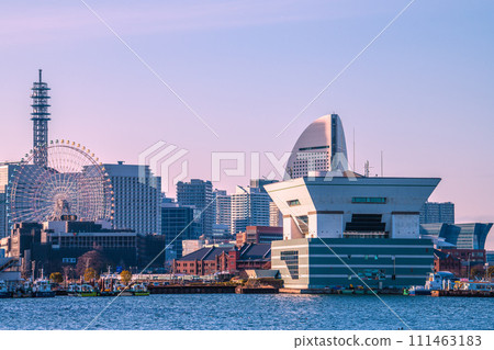 Japan's Yokohama cityscape View of the Red Brick Warehouse and Minato Mirai buildings from Yamashita Park = February 8th 111463183