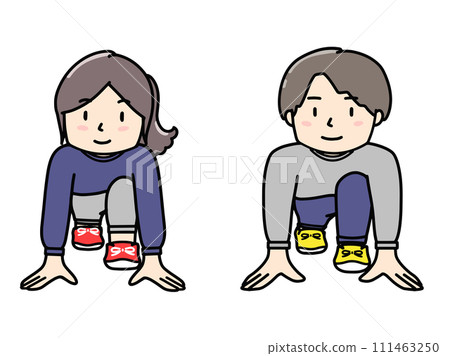 穿著運動衫的男人和女人站在起跑線的插圖 穿著運動衫的男人和女人站在起跑線的插圖 111463250