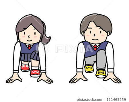 Illustration of a man and woman in school uniform standing by at the starting line 111463259