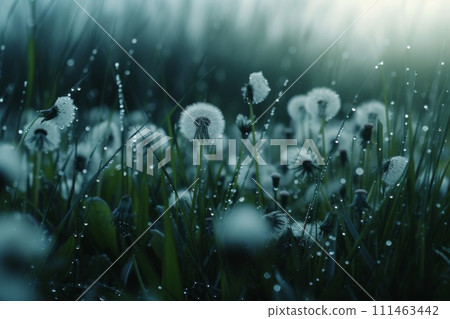 Dandelion, Beautiful colors of the setting sun, Seed coming away from dandelion 111463442