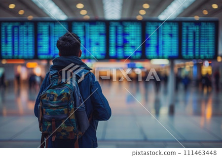 Traveling by airplane, Traveler looking at flight information at the airport. travel concept 111463448