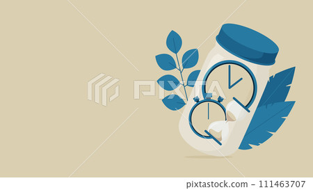 Clocks, stopwatches, and hourglasses are kept in jars. There are leaves nearby. 111463707