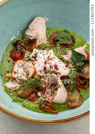 Breakfast with green mousse and stracciatella Breakfast with green mousse and stracciatella 111463763