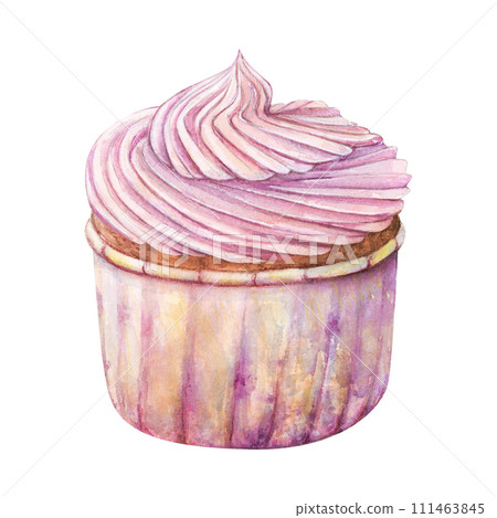 Cupcake muffin cream watercolor drawing fruit in paper. Cake bakery tasty dessert illustration. Birthday celebration pastry aquarelle isolated on white background. Delicious whipped butter cream Cupcake muffin cream watercolor drawing fruit in paper. Cake bakery tasty dessert illustration. Birthday celebration pastry aquarelle isolated on white background. Delicious whipped butter cream 111463845