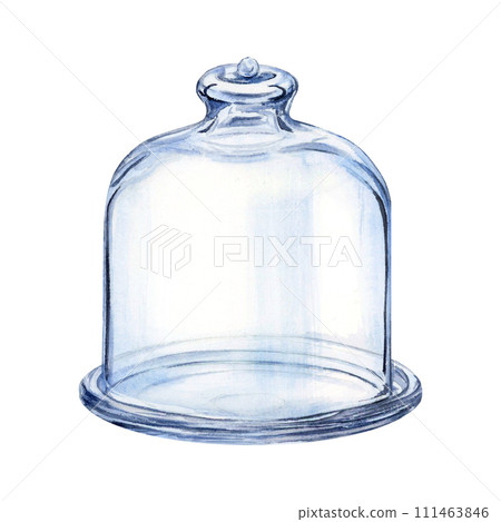 Cloche glass cake stand watercolor drawing dome. Glassware dish tray high lid. Dessert treat fruit. Bakery transparent cover. Pastry aquarelle isolated white background. Transparent utensil tableware Cloche glass cake stand watercolor drawing dome. Glassware dish tray high lid. Dessert treat fruit. Bakery transparent cover. Pastry aquarelle isolated white background. Transparent utensil tableware 111463846