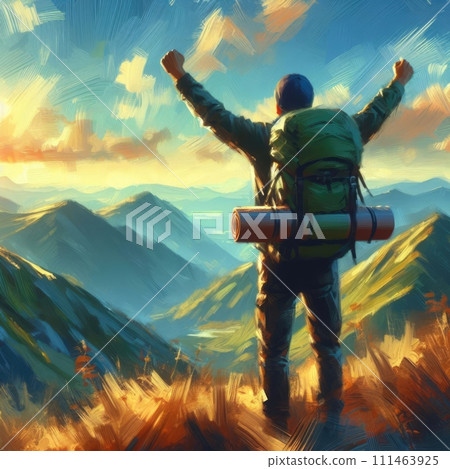 Man standing on the top of high mountain. Symbol of success, achievement and reaching life goals. Digital illustration, generative ai Man standing on the top of high mountain. Symbol of success, achievement and reaching life goals. Digital illustration, generative ai 111463925