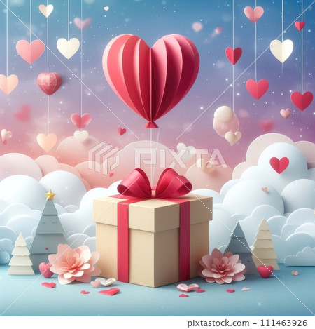 Gift box of love with a heart shaped red balloon. Love concept. Digital illustration, generative ai Gift box of love with a heart shaped red balloon. Love concept. Digital illustration, generative ai 111463926