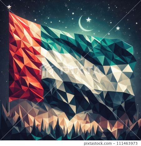 United Arab Emirates national flag in Polyart style, made up of geometric polygons, digital art. Created with generative AI United Arab Emirates national flag in Polyart style, made up of geometric polygons, digital art. Created with generative AI 111463973