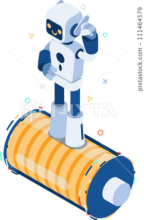 Isometric Energized Ai Robot Standing on Full Energy Battery 111464579