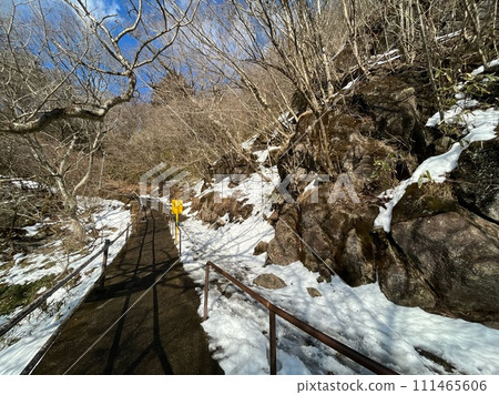 Mt. Tsukuba_Mt.Nyotai with remaining snow_Stairs to the snowy summit 111465606