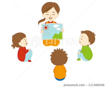 A childcare worker smiling and reading a picture book to children 111466046