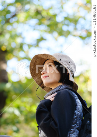 Hiking, mountain walking, looking up, clear sky, vertical Hiking, mountain walking, looking up, clear sky, vertical 111466163