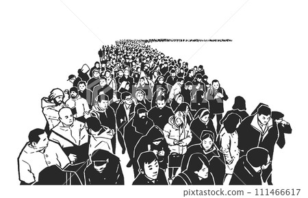 Illustration of large crowd of people standing in line in black and white 111466617
