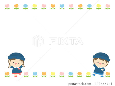 幼兒園兒童、男孩、女孩與鬱金香框架 02 111466721