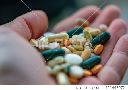 Close up view of hand holding a heap of multicolored variety of pills and capsules Close up view of hand holding a heap of multicolored variety of pills and capsules 111467072
