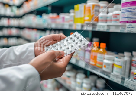 A pharmacist holds a blister with pills against the background of shelves with various medicines A pharmacist holds a blister with pills against the background of shelves with various medicines 111467073