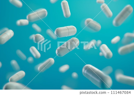Many white capsules levitate against blue background Many white capsules levitate against blue background 111467084