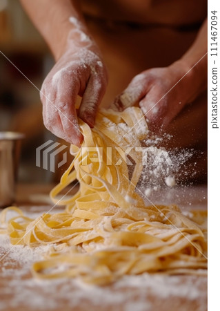 Close up view of hands making fresh italian pasta on wooden kitchen table Close up view of hands making fresh italian pasta on wooden kitchen table 111467094