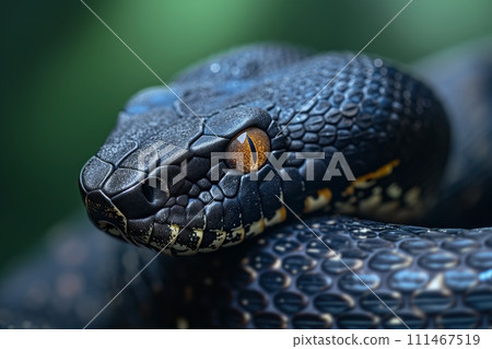 A black snake with yellow spots curled up in a ball 111467519