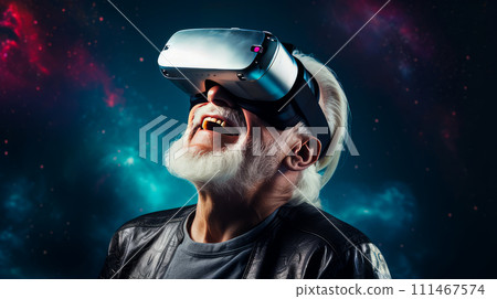 Portrait of a happy smiling enthusiastic Caucasian elderly old, senior gray-haired man wearing a virtual reality headset. 111467574